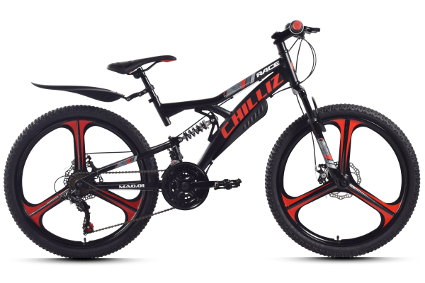 CHILLIZ Kinderfahrrad Fully 24 Zoll MAG.01 schwarz-rot Rahmenhöhe 38 cm 18 Gänge Mag wheel mech. Scheibenbremse